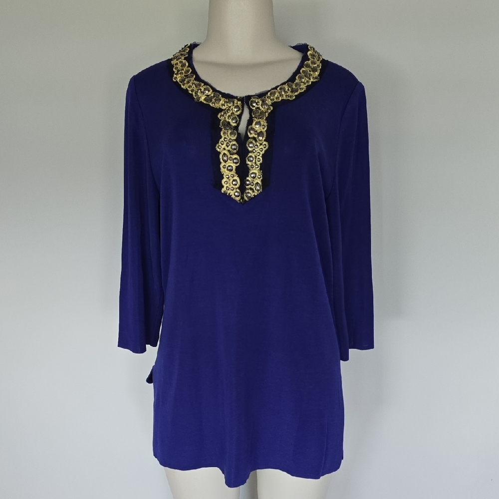 Misook long blue/purple knit tunic top with gold embroidered neckline-L